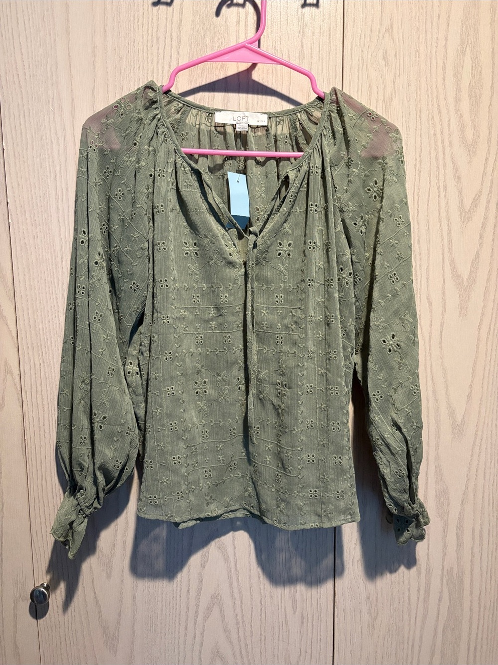LOFT Olive Eyelet Peasant Blouse NWT